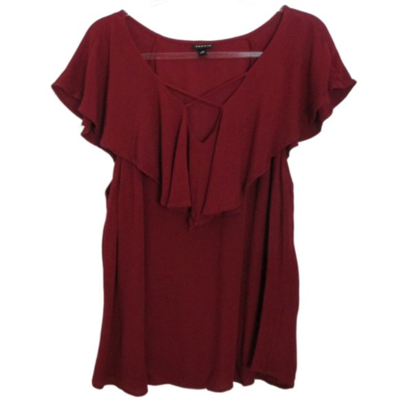 torrid Tops - Torrid Burgundy Wine Colored Ruffled Front Short Dolman Sleeve Rayon Top Size 0